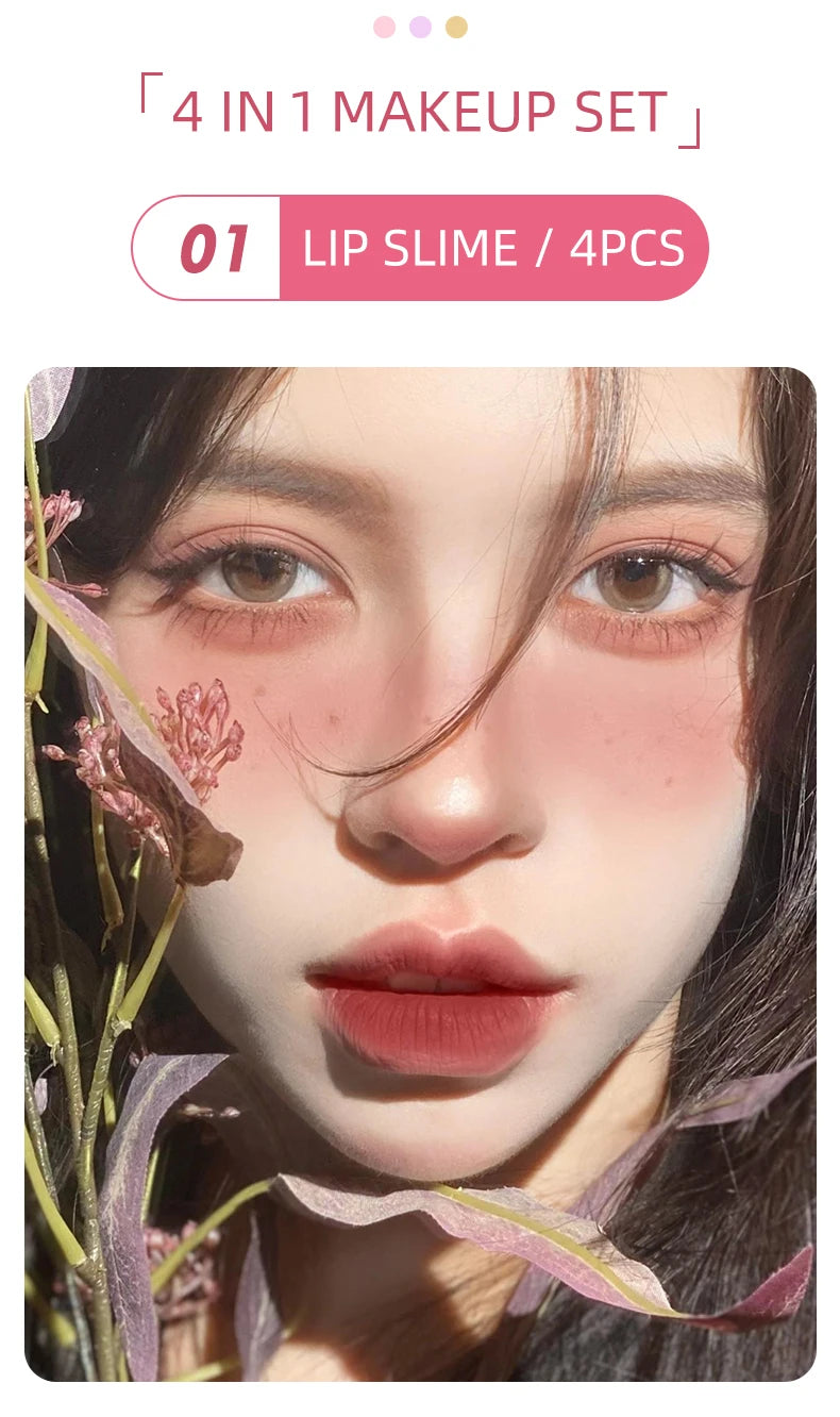 CACE Matte Liquid Lipstick Makeup set 4 colori Lipgloss e 1pc Lipgloss trasparente e 1pc Lip Balm Plumper e collana regalo