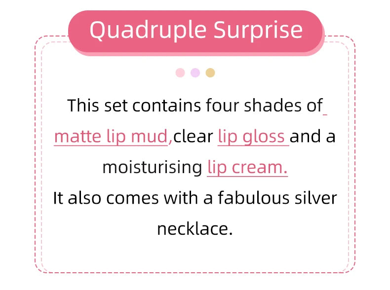 CACE Matte Liquid Lipstick Makeup set 4 colori Lipgloss e 1pc Lipgloss trasparente e 1pc Lip Balm Plumper e collana regalo