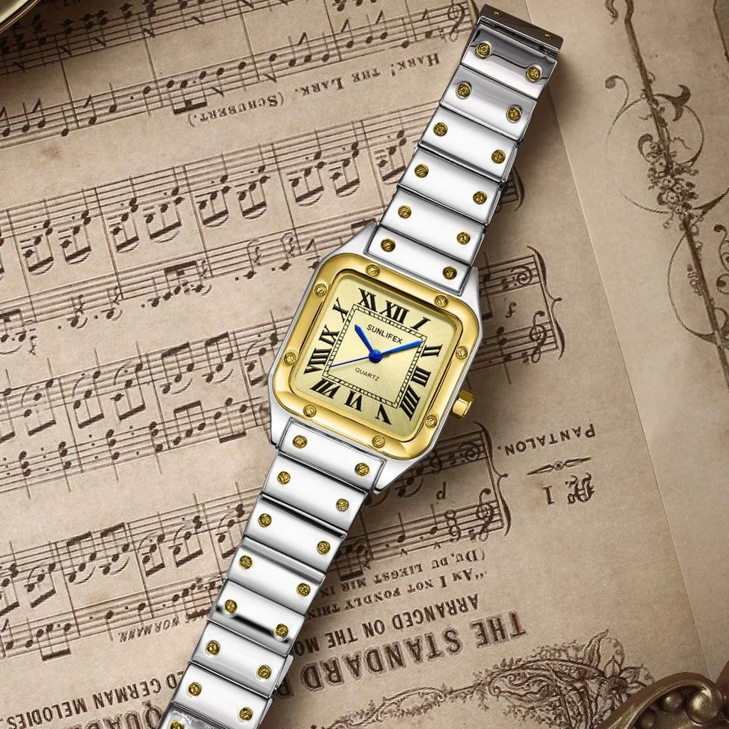 Orologi da donna quadrati Orologio da donna al quarzo Orologio da polso femminile Cinturino in bambù in acciaio inossidabile Orologio da donna casual Orologio Relogio Feminino