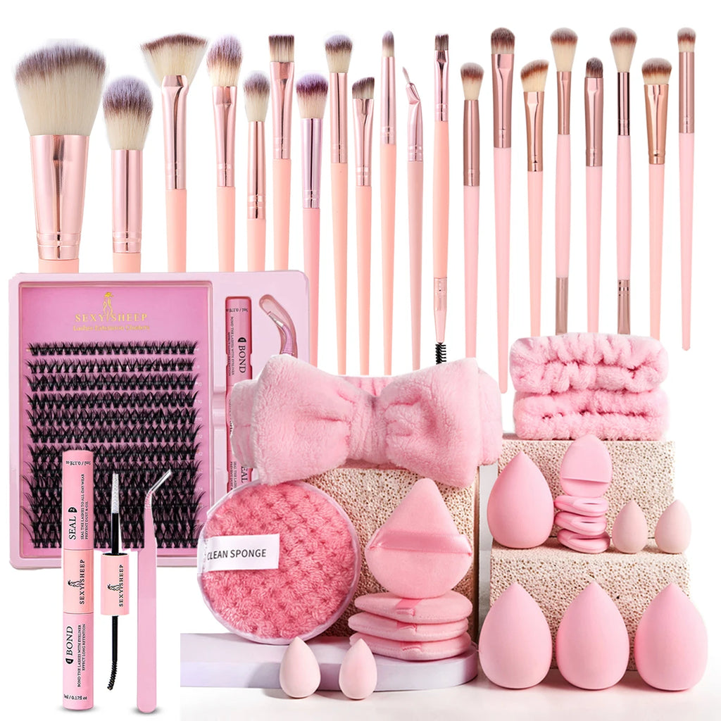Set pennelli e spugne per trucco, soffio per trucco rosa, fascia per capelli, struccante per polsini, strumento per trucco kit per estensione ciglia fai da te da 8-16 mm