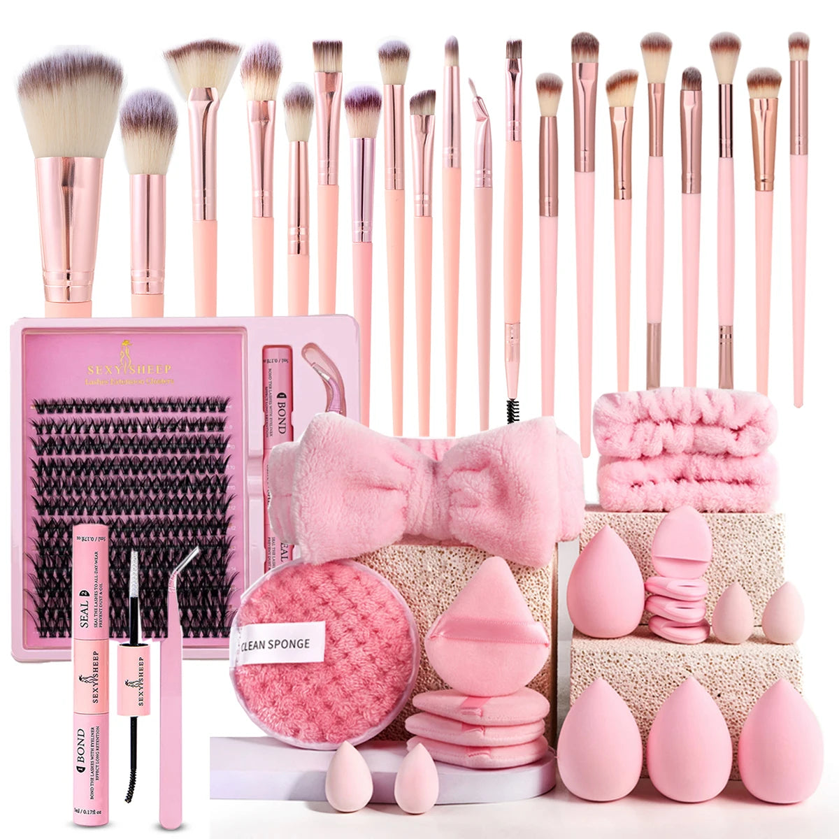 Set pennelli e spugne per trucco, soffio per trucco rosa, fascia per capelli, struccante per polsini, strumento per trucco kit per estensione ciglia fai da te da 8-16 mm