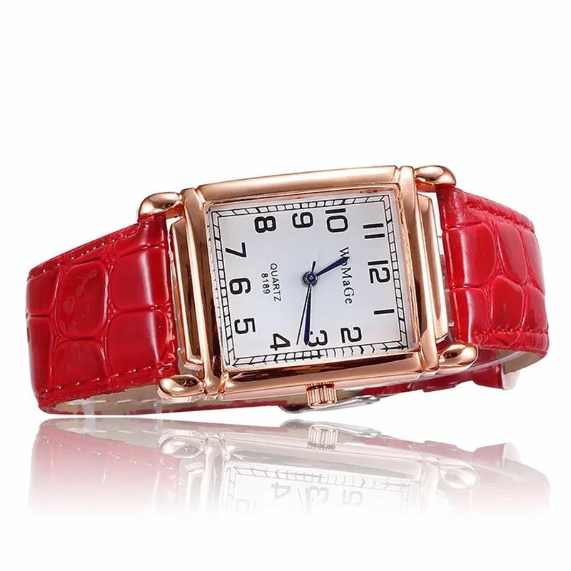 Orologi da donna alla moda Orologio da polso al quarzo da donna quadrato in metallo di lusso in oro rosa Orologio da donna rettangolare in pelle rossa