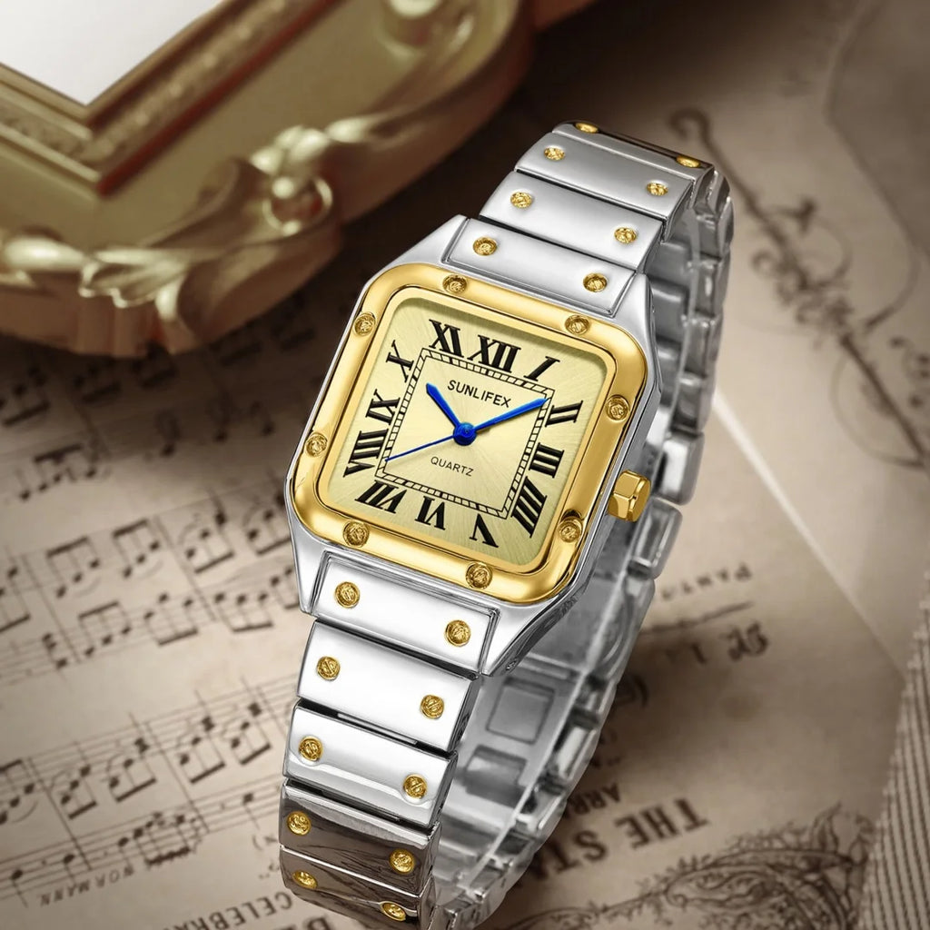 Orologi da donna quadrati Orologio da donna al quarzo Orologio da polso femminile Cinturino in bambù in acciaio inossidabile Orologio da donna casual Orologio Relogio Feminino