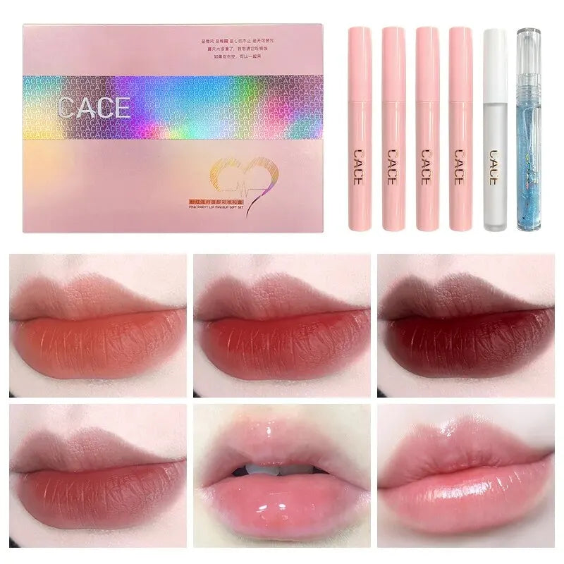CACE Matte Liquid Lipstick Makeup set 4 colori Lipgloss e 1pc Lipgloss trasparente e 1pc Lip Balm Plumper e collana regalo