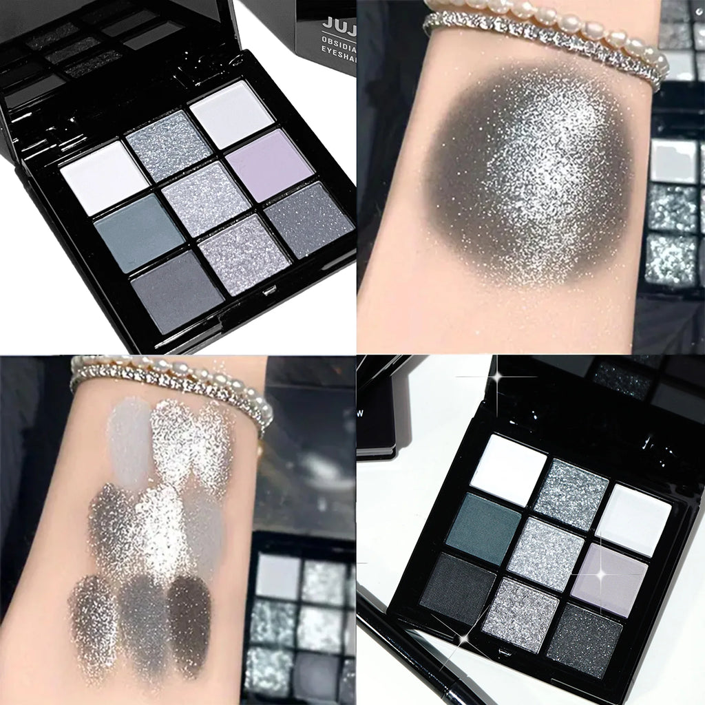 Palette di ombretti a nove colori Pennello per trucco, trucco fumoso grigio-rosa, trucco illuminante per baco da seta perlescente opaco