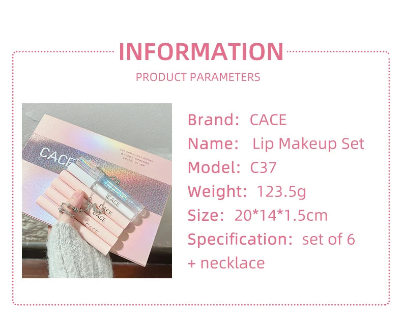 CACE Matte Liquid Lipstick Makeup set 4 colori Lipgloss e 1pc Lipgloss trasparente e 1pc Lip Balm Plumper e collana regalo