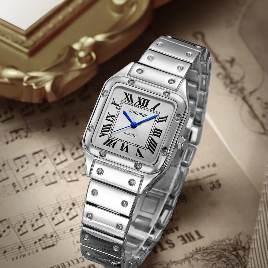 Orologi da donna quadrati Orologio da donna al quarzo Orologio da polso femminile Cinturino in bambù in acciaio inossidabile Orologio da donna casual Orologio Relogio Feminino