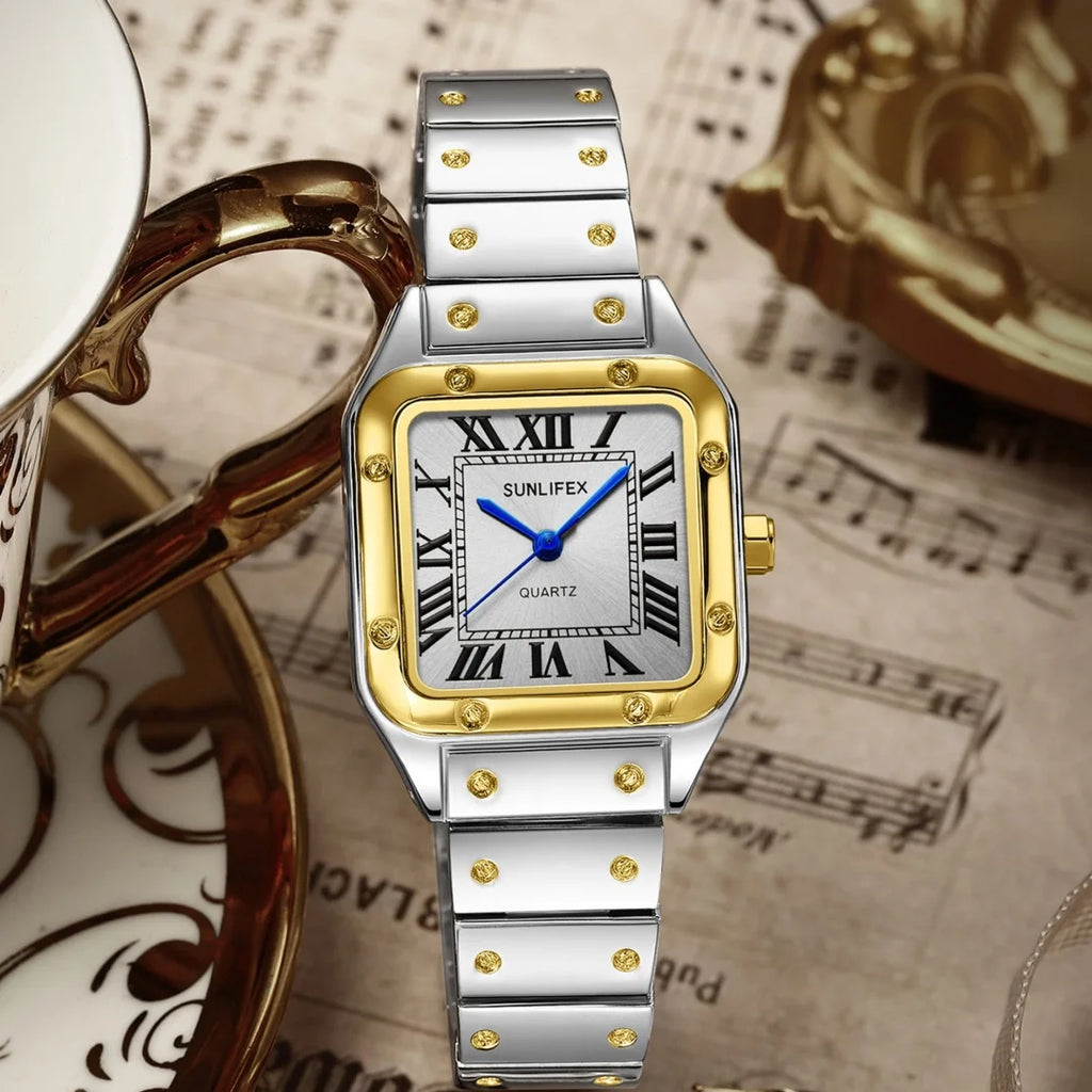 Orologi da donna quadrati Orologio da donna al quarzo Orologio da polso femminile Cinturino in bambù in acciaio inossidabile Orologio da donna casual Orologio Relogio Feminino