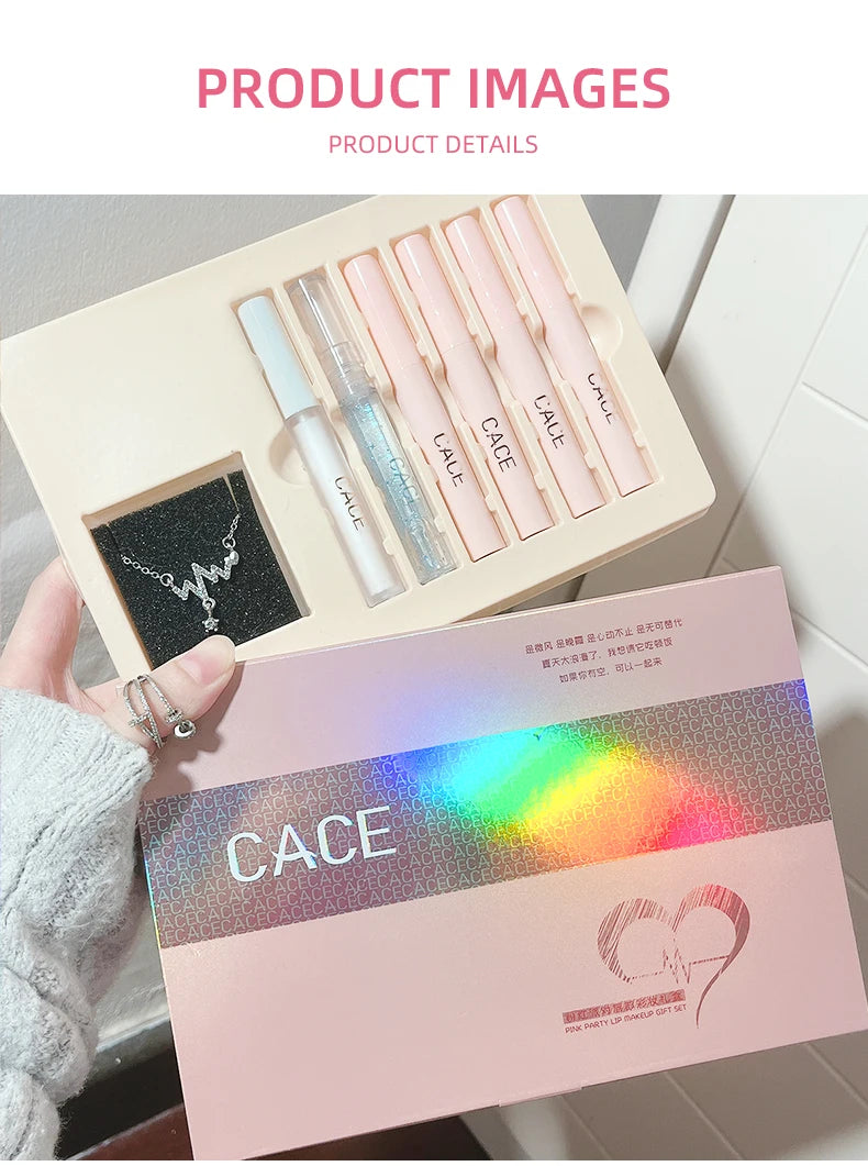 CACE Matte Liquid Lipstick Makeup set 4 colori Lipgloss e 1pc Lipgloss trasparente e 1pc Lip Balm Plumper e collana regalo