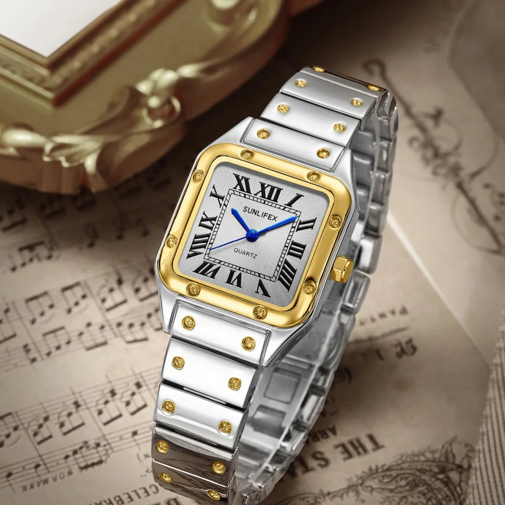 Orologi da donna quadrati Orologio da donna al quarzo Orologio da polso femminile Cinturino in bambù in acciaio inossidabile Orologio da donna casual Orologio Relogio Feminino