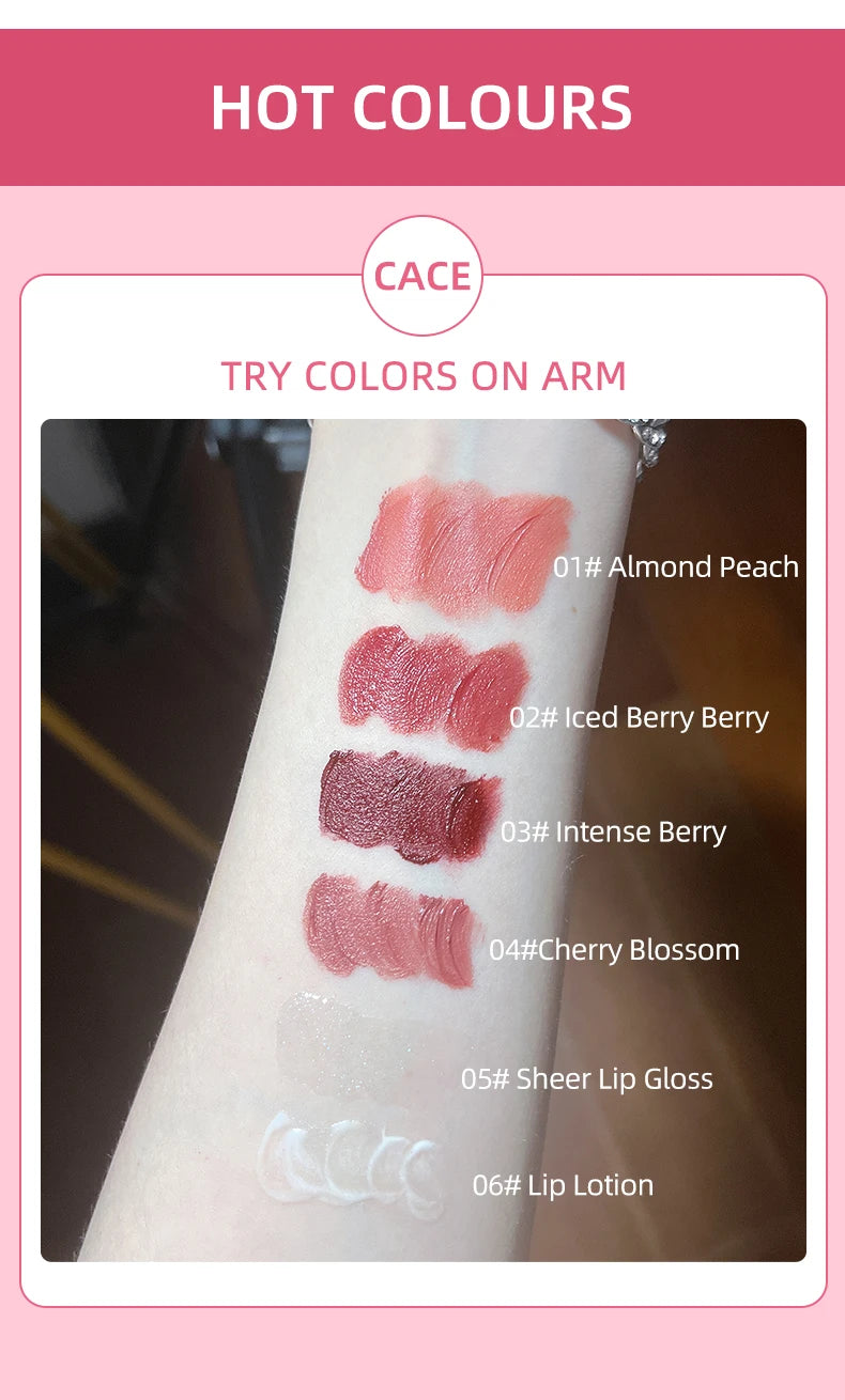 CACE Matte Liquid Lipstick Makeup set 4 colori Lipgloss e 1pc Lipgloss trasparente e 1pc Lip Balm Plumper e collana regalo