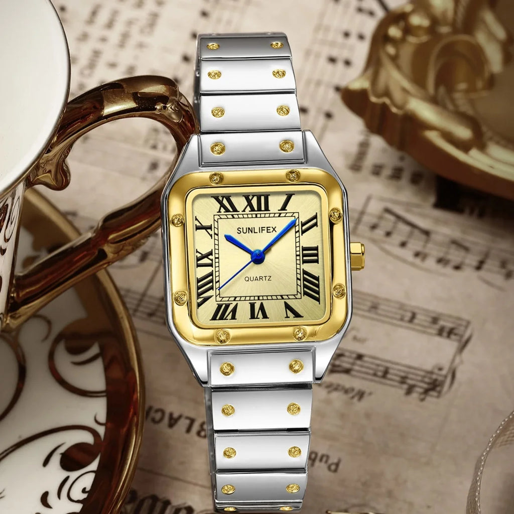 Orologi da donna quadrati Orologio da donna al quarzo Orologio da polso femminile Cinturino in bambù in acciaio inossidabile Orologio da donna casual Orologio Relogio Feminino