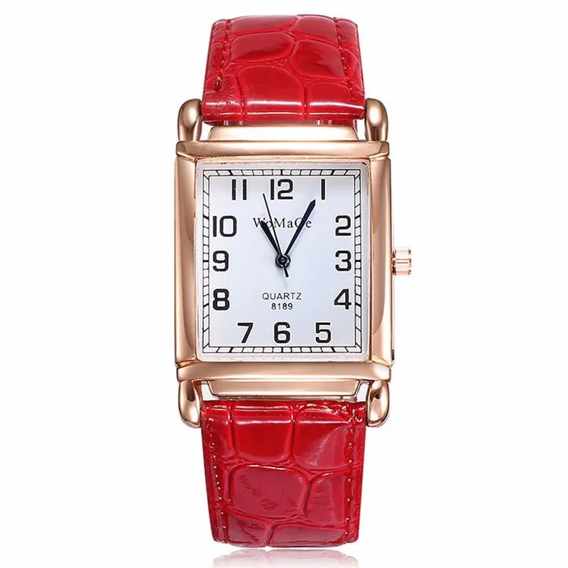 Orologi da donna alla moda Orologio da polso al quarzo da donna quadrato in metallo di lusso in oro rosa Orologio da donna rettangolare in pelle rossa