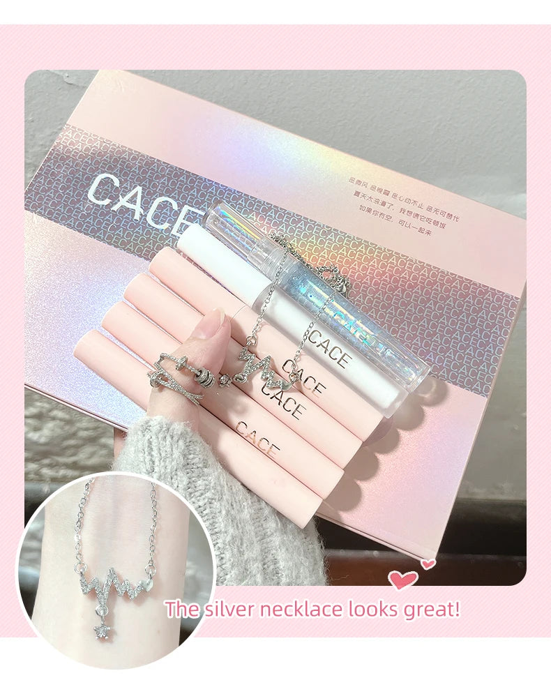 CACE Matte Liquid Lipstick Makeup set 4 colori Lipgloss e 1pc Lipgloss trasparente e 1pc Lip Balm Plumper e collana regalo