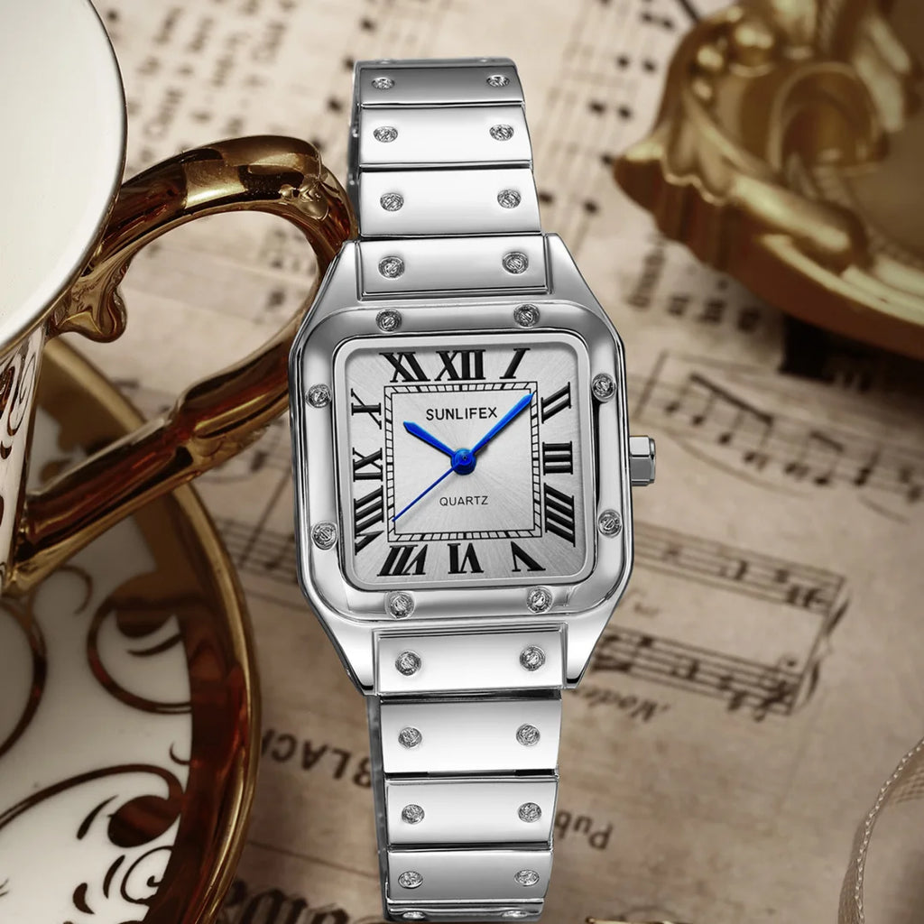 Orologi da donna quadrati Orologio da donna al quarzo Orologio da polso femminile Cinturino in bambù in acciaio inossidabile Orologio da donna casual Orologio Relogio Feminino