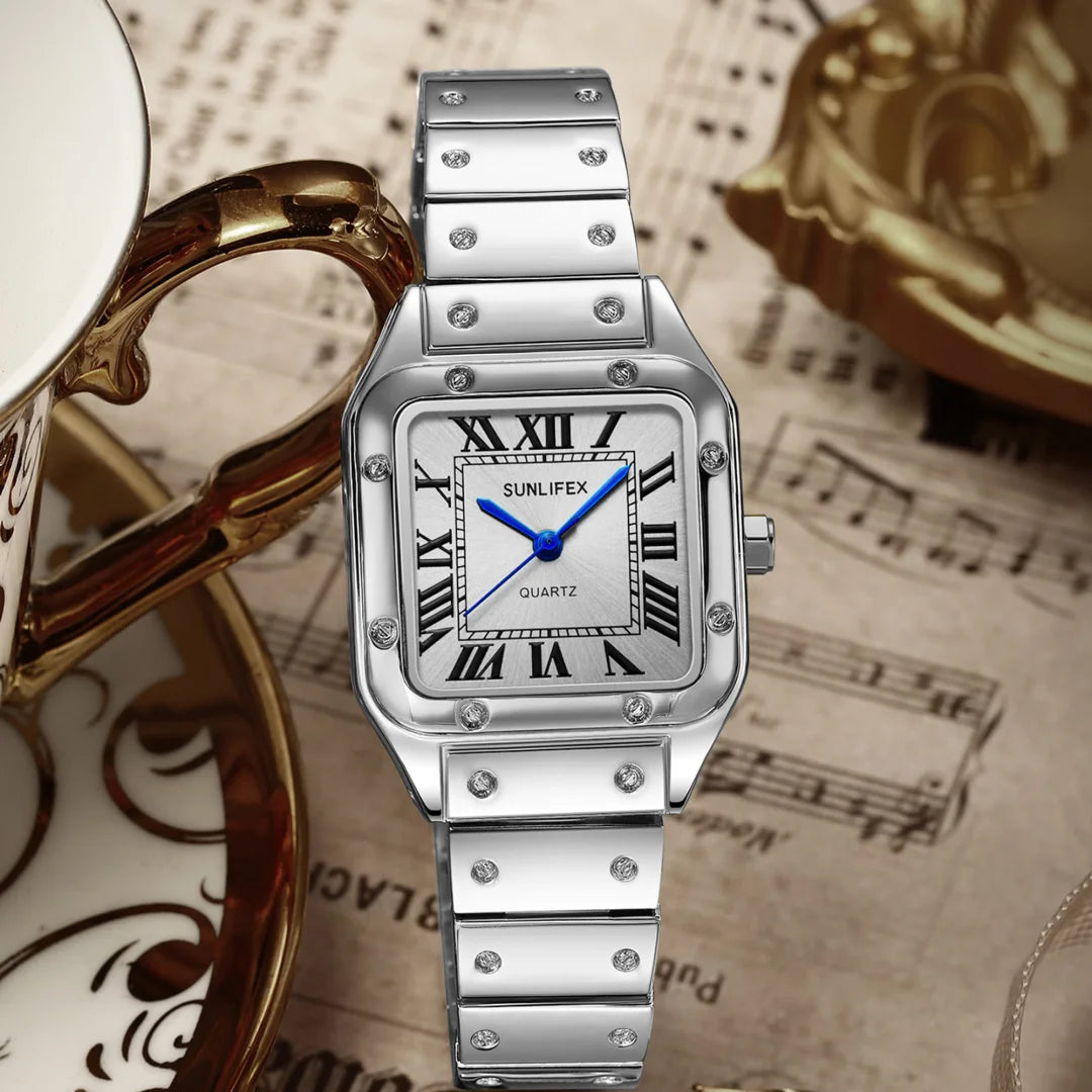 Orologi da donna quadrati Orologio da donna al quarzo Orologio da polso femminile Cinturino in bambù in acciaio inossidabile Orologio da donna casual Orologio Relogio Feminino